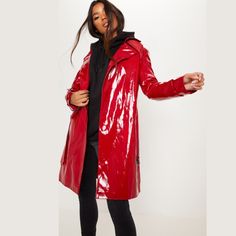 Nwt Miss Selfridge Vinyl Faux Leather Trench Coat In Bright Red. Size 10. Bright Cherry Red Notch Collar Button Up Two Front Slash Pockets Back Hem Split Approximate Measurements Bust 38” Length 44” Waist 38” Length 44” Sleeve 24” Shoulder 17” Highlights Red, Red Raincoat, Pink Raincoat, Girls Raincoat, Black Raincoat, Rain Trench Coat, Vinyl Raincoat, Plastic Raincoat, Vinyl Clothing