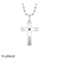 The perfect sentimental gift, this modern cross necklace is personalizable with a birthstone and an engraving. This sterling silver cut-out pendant features a four prong-set gemstone at its center, giving the illusion of a floating stone. This pendant sits on a 22” sterling silver ball chain or your choice of four stainless steel chain options. Gift White Gold Cross Necklace In Stainless Steel, Birthstone Cross Pendant Jewelry For Anniversary, Modern Crucifix Cross Necklace As Gift, Silver Cross Jewelry With Birthstone, Modern Crucifix Necklace As Gift, Personalized Sterling Silver Cross Pendant, Personalized Cross Pendant Jewelry For Memorial, Stainless Steel Cross Pendant Jewelry For Anniversary, Personalized White Gold Cross Pendant