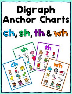 This product contains 4 anchor charts (one for each of the following digraphs: ch, sh, th, and wh).   The anchor charts are provided both in color and black and white. Digraphs Anchor Chart, First Grade Phonics, Anchor Chart, The Anchor, Anchor Charts, First Grade, Phonics, Kindergarten, Black And White