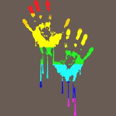 two hand prints painted in different colors on a gray background with multi - colored drips