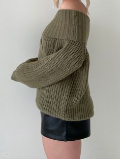 Details: Off the shoulder sweater Cable knit Thick knit Stretchy Size + Fit: Model is 5'4 Wearing size small Fabric + Care: 100% polyester Shipping + Return: Free US ground shipping on orders $100+ We offer free returns and a refund in the form of store credit with items not worn within 10 days of delivery For more info on returns visit our returns page Oversized Chunky Knit V-neck Sweater For Fall, Slouchy Sweater With Ribbed Cuffs For Fall, Green Knit V-neck Sweater For Winter, Knitted Acrylic V-neck Sweater For Winter, Cozy Slouchy Sweater With Ribbed Cuffs, Slouchy Cozy Sweater With Ribbed Cuffs, Cozy Knit Cropped Sweater With Ribbed Cuffs, Winter Acrylic Tops With Ribbed Cuffs, Oversized Knitted V-neck Sweater For Winter