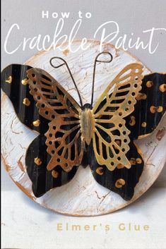 the cover of how to crochet paint with gold and black butterflies on it