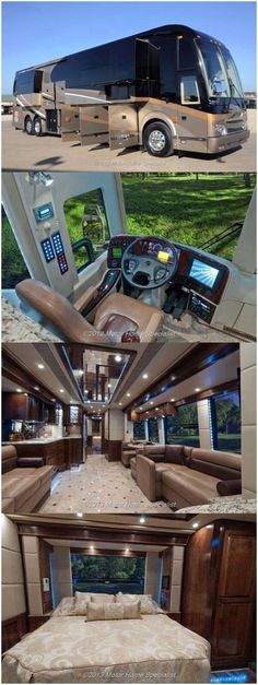 the inside and outside of a luxury bus