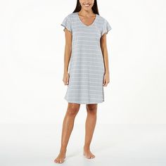 Lacey Chabert Crinkle Knit Sleep Shirt   Dreams are sweet indeed when you're drifting off wearing this cozy sleep shirt featuring light and comfy crinkle knit and easy-breezy flutter sleeves. Comfortable Comfy Sleepwear, Cozy Cotton Short Sleeve Sleepwear, Cozy Cotton Sleepwear With Short Sleeves, Casual Cotton Nightgown With Relaxed Fit, Casual Cotton Nightgown Relaxed Fit, Casual Striped Sleepwear, Casual Cotton V-neck Sleepwear, Cotton Relaxed Fit Nightgown For Relaxation, Relaxed Fit Cotton Nightgown For Relaxation