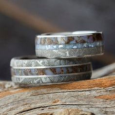 Matching Wedding Band Set With Meteorite and Dinosaur Bone Unique Wedding Bands For Him, Native American Wedding Rings, Country Wedding Rings, Hers And Hers, Dinosaur Wedding, Meteorite Wedding Rings, Matching Wedding Band Sets, Matching Wedding Ring Sets, Dinosaur Bone Ring