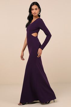 Celebrate your love with the Lulus Wondrous Romance Dark Purple One-Shoulder Mermaid Maxi Dress! Stretchy crepe knit shapes this dress that has a flattering one-shoulder neckline and a single long sleeve. A fitted bodice, with a flirty side cutout at the waist, tops a mermaid maxi skirt. Hidden side zipper/clasp. Fit: This garment fits true to size. Length: Floor length. Size medium measures 59.5" from shoulder to hem. Bust: Great for any cup size. Waist: Fitted - stretchy fabric allows custom f Purple Fitted One Shoulder Dress With Asymmetrical Neckline, Purple Fitted One-shoulder Dress With Asymmetrical Neckline, Elegant Fitted Purple One Shoulder Dress, Fitted Dress With Cutaway Shoulders For Date Night, Purple Fitted One-shoulder Maxi Dress, Mermaid Maxi Skirt, Mermaid Maxi Dress, Sleeve Maxi Dress, A Mermaid