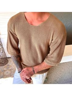 Men Sweaters, Knitted Wool 3/4 Sleeve Solid T-Shirt Casual Cotton Sweater With 3/4 Sleeves, Knit Sweater With 3/4 Sleeves, Casual Knit Sweater With 3/4 Sleeve, Casual Knit Tops With 3/4 Sleeves, Casual 3/4 Sleeve T-shirt For Fall, Casual 3/4 Sleeve Winter Sweater, Sweaters Knitted, Pullover Designs, Half Sleeves