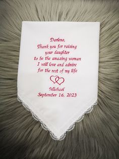 ❤️Looking for a quick,  Personalized Embroidery for Mother of the bride handkerchief Gift from soon to be son in law?  An extra touch as a thoughtful, personal touch message and makes a great gift for your mother in law. In this article, I'll share some examples of beautiful Embroidery handkerchief poems that you can use to convey your feelings. Thank you for raising your daughter to be the amazing woman.... You may Customize any of our verses to make them your own. ❤️Please choose your preferred writing and hearts color thread from the drop box menu. Measurement: - Embroidery Design are approx up to 5.00 inch in width x 5.00 inch in height. ❤️What you will get in this purchase:- - 1 x Ladies style Handkerchief with lace - 12 x 12 inch - 1 x Presentation unique white gift envelope with mat Embroidery Handkerchief, Bride Handkerchief, Mother Of The Bride Gift, Embroidered Handkerchief, Amazing Woman, Gift Envelope, Drop Box, Son In Law, Personalized Embroidery