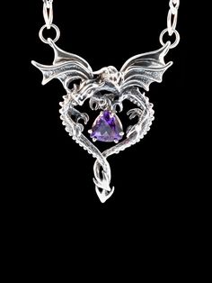 Dragon Necklace Silver Dragon Heart Pendant with Amethyst - Double Dragon Necklace - Silver Dragon - Dragon Jewelry Valentines Day Gift Dragon Heart, Double Dragon, Silver Diamond Necklace, Silver Jewellery Indian, Dragon Necklace, Dragon Jewelry, Silver Dragon, Silver Heart Necklace, Valentines Jewelry