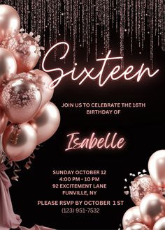 an elegant birthday party with balloons and streamers on the black background, is shown