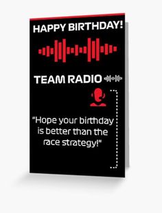 a happy birthday card with the words team radio on it and an image of sound waves