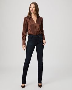 The essential straight silhouette with a high rise and a lean leg opening that creates a universally flattering fit. Cut from our TRANSCEND VINTAGE denim in a dressier dark wash this style has the look of authentic vintage denim but is incredibly comfortable with plenty of stretch and recovery. | Hoxton Straight Jean - Enchantress Blue | Size 26 Lean Legs, Latest Jeans, Black Shadow, Dark Denim Jeans, Paige Jeans, Low Rise Jeans, Paige Denim, Bottom Clothes, High Rise Jeans