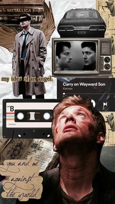 a collage of photos with an old fashioned tv and man in trench coat looking up at the sky