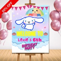 a welcome sign with balloons in the background and an image of a bunny holding an umbrella