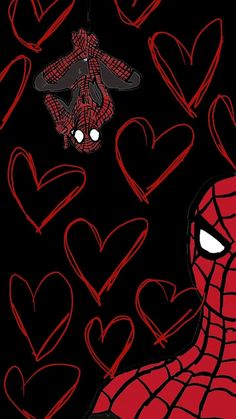 a spiderman hanging from a string with hearts in the background