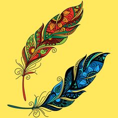 two colorful feathers on a yellow background