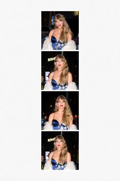 four photos of taylor swift in blue and white dress at an event with her hair pulled back