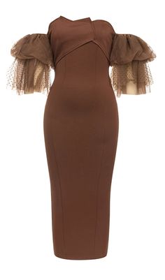 OFF-SHOULDER RUFFLED MIDI DRESS IN BROWN Fitted Brown Off-shoulder Dress, Brown Fitted Off-shoulder Dress, Brown Off-shoulder Evening Dress, Fall Brown Midi Dress With Puff Sleeves, Fitted Brown Midi Dress With Ruffles, Off-shoulder Brown Dress For Fall, Brown Off-shoulder Dress For Fall, Elegant Brown Puff Sleeve Dress, Brown Ruffled Midi Dress For Party