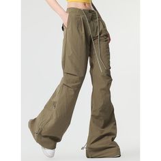 N-161-009 Full Length Khaki Parachute Pants For Spring, Casual Khaki Bottoms With Zip Fly, Casual Khaki Bottoms, Baggy Pants With Zip Fly For Spring, Baggy Wide Leg Bottoms With Zip Fly, Casual Wide Leg Pants With Zip Fly, Trendy Wide Leg Pants With Zip Fly, Fitted Khaki Parachute Pants, Casual High-waisted Pants With Zip Fly