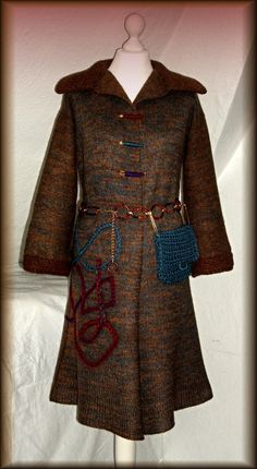 Sweater, jacket, belt and bag, felted, embroidered, 100% wool, unique  Unique - only available once!  Clothing is handmade - knitted, crocheted, felted, embroidered, washed, ironed  Color - mix - Brown, Petrol  Material - 100% Wool  Size - 34-36 (. Schneiderpuppe Gr 36) see sketch  Care - Hand wash at 30 o or in the washing machine with wool program - Spin - max. 500 revolutions (best with hair shampoo & conditioner for dry hair)  The parts are not assembled by stitching but zusammengehäckelt so Jacket Belt, Felt Bag, Handmade Knitting, Sweater Jacket, Color Mixing, Victorian Dress, Jackets For Women, Germany, Jackets & Coats