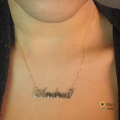 🌻 14K Name Classic Necklace - Andrea Style 🌻 Custom Order Any Name 🌻 Photo shows one gram box chain 🌻 10.5- 11 mm Tall Capital 🌻 Curl on last letter available on a-e-g-m-n-y 🌻You can choose your nameplate thickness, chain length and chain type at checkout - price varies 🌻Please consider upgrading nameplate thickness- max number of five letters for .4mm and a maximum of nine letters for .8mm 🌻 Production Time is 7-14 working days 🌻 Please upgrade your shipping if you would like to expedi Classic 14k Gold Silver Name Necklace, Classic Silver-colored 14k Gold Name Necklace, Gold Nameplate Jewelry With Box Chain, Nameplate Box Chain Jewelry For Gifts, Classic Formal Pendant Name Necklace, Gift Jewelry With Nameplate Box Chain, Classic 14k Gold Hallmarked Name Necklace, Elegant Name Necklace With Box Chain For Gift, Elegant Nameplate Box Chain Jewelry