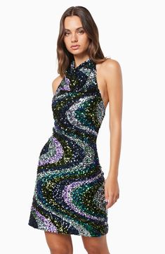 Swirls created by shimmery sequins lend an otherworldly effect to this halter-neck minidress with a breezy open back. 35" length (size Medium) Stretch lining Back zip closure Halter neck 100% polyester Dry clean Imported Sequin Fashion, Sequin Halter, Hugging Silhouette, Sequin Fabric, Halter Neckline, Halter Neck, Fashion Statement, Dresses For Sale, Open Back