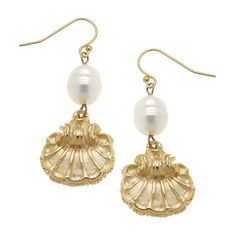 Gold Scallop & Genuine Freshwater Pearl Wire Earrings 1.86 inches Handcast 24Kt Gold Plated Handmade in San Antonio, TX Accessories Stand, Pearl Earrings Handmade, Earrings To Make, Niche Memes, Upcycle Ideas, Summer Fashions, Mermaid Earrings, Scallop Shell, Starfish Necklace