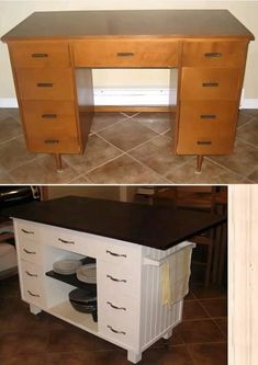 two pictures side by side one has a kitchen island and the other has an open drawer