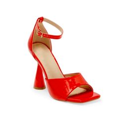 A Flared Heel Adds Trendy Style To An Open Toe Sandal That Features A Retro Square Toe Bed. 4.25" Trendy Flared Heel Open Toe Adjustable Ankle Strap With Buckle Closure Faux Leather Upper, Manmade Sole Imported Red Heels With Heel Strap And Round Toe, Red Round Toe Heels For Spring, Spring Red Round Toe Heels, Summer Heels With Red Sole And Round Toe, Red Pointed Toe Heels With Buckle Closure, Red Round Toe Heels With Buckle Closure, Red Heels With Buckle Closure And Round Toe, Red High Heels With Buckle Closure, Synthetic Sandals With Red Sole And Ankle Strap