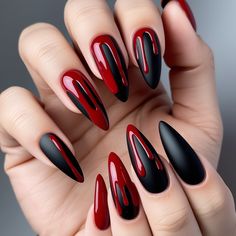 “Get spooky with these realistic bloody drip nails! Perfect for Halloween, this nail art uses freehand painting with red gel polish to create a chilling, blood-soaked effect. Matte Black Blood Drip Nails, Vampire Nails Coffin Shape, Simple Blood Nails, Red Dragon Nail Design, Halloween Red And Black Nails, Halloween Blood Nails Design, Halloween Nails Red Black, Red And Black Blooming Gel Nails, Spooky Red Nails