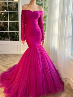 Mermaid Christmas Red Green Dress Evening Gown Elegant Dress Wedding Guest Wedding Party Court Train Long Sleeve Off Shoulder Tulle with Ruched Robe Fuchsia, Off Shoulder Tulle, Red Green Dress, Gown Elegant, Mermaid Christmas, Fuchsia Dress, Evening Dresses Online, Cheap Evening Dresses, Long Prom Gowns