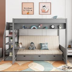 a child's bedroom with bunk bed and futon sofa in the corner,