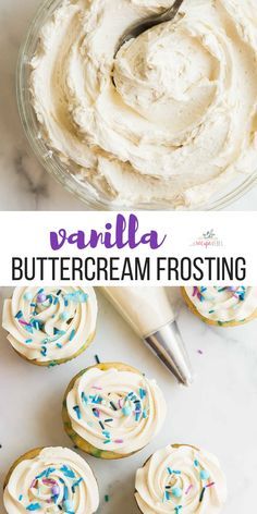 vanilla buttercream frosting in a glass bowl next to cupcakes