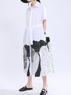 Loose Short Sleeves Contrast Color Drawstring Printed Tied Waist Lapel Midi Dresses Shirt Dress Shirt Dress Midi, Loose Maxi Dress, Lantern Sleeve Dress, Sleeveless Short Dress, Long Shirt Dress, Midi Shirt Dress, White Shirt Dress, Loose Shorts, Black Shirt Dress