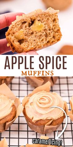 an apple spice muffin is being held up