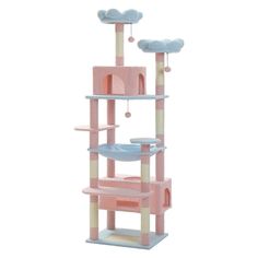 a pink and blue cat tree with two cats on it's top tiers