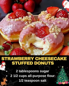 Strawberry Cheesecake Stuffed Donuts Stuffed Doughnuts Recipe, Stuffed Donuts Recipe, Strawberry Stuffed Cheesecake, Dessert Auction, Beef Tips And Noodles, Donut Flavors, Mexican Casserole Recipe, Strawberry Pie Filling, Fried Donuts