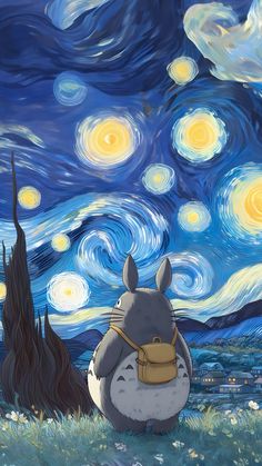 a painting of a cartoon character sitting in front of a starry sky with trees and bushes