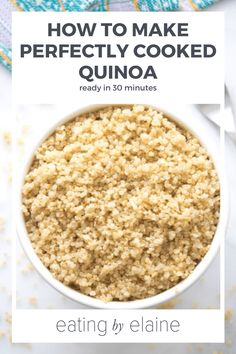 the recipe for how to make perfectly cooked quinoa is shown in a bowl