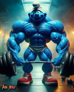 a cartoon character is lifting a barbell in the shape of a blue man with big muscles