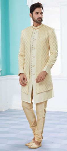 Beige and Brown color Sherwani in Banarasi Silk fabric with Embroidered, Stone, Thread, Zari work Mandarin Neckline, Indowestern Sherwani, Silk Churidar, Indo Western Sherwani, Celebrity Gowns, Dupion Silk, Latest Sarees, Readymade Blouse, Indo Western