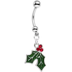 a green and red holly leaf belly button navel bar with two cherries on it