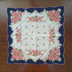 Vintage Burmel Handkerchief Blue and White with Pink Roses  A Burmel Original - with Label Collectible Frameable Ladies Handkerchief  This is a beautiful ladies handkerchief! Very feminine and pretty with it's scalloped edging and pink roses motif. It has it's original designer's label. This item is in very good condition, no stains or holes. Size: 13 x 13 inches square Ships in 1-3 days, most items ship the next business day. Ladies Handkerchiefs, Cardboard Jewelry Boxes, Beautiful Ladies, Scalloped Edge, Antique Items, Size 13, Pink Roses, Scarf Wrap, Scarf Accessory