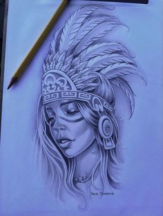 a pencil drawing of a native american girl with headdress and feathers on her head