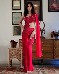 Saree Gowns, Cutdana Work, Draped Saree, Indian Sari Dress, Floral Saree, Satin Hands, Saree Gown, Flower Motifs, Drape Saree