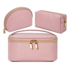 - Brand New - Color: Pink Durable & Water-Resistant- Classic And Elegant Cosmetic Bag Is Made Of Pu Woven Leather And Polyester Lining. It Is Durable, Waterproof, Dirt-Resistant And Scratch Resistant. Coupled With The Advanced And Smooth Metal Double Zipper Design, When The Tools Are Stored Neatly, You Will Easily Get What You Need. Large Capacity- The Makeup Bag Set Has 3 Different Styles And Sizes. Includes A Large Cosmetic Bag (Suitable For Carrying In A Luggage) And Two Medium Cosmetic Bags Pink Leather Makeup Bag, Multifunctional Travel Bag, Travel Bag Set, Makeup Brush Bag, Large Makeup Bag, Cosmetic Bag Set, Large Cosmetic Bag, Travel Storage Bag, Organizer Storage