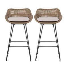 two wicker barstools with white cushions and black metal legs, side by side