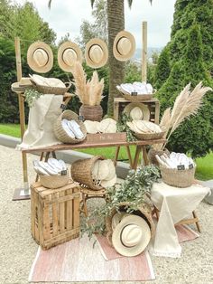 a table with hats and baskets on it