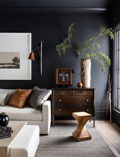 a living room with black walls and white furniture