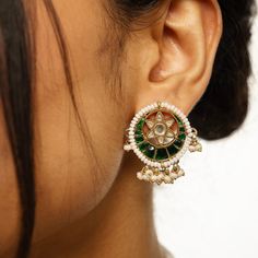 The Aria Hara Chand Earrings are one of our favorite studs that are the perfect mix of contemporary and traditional Indian fashion. Dainty pearls surround a dark green moon shape of stones with a starflower of polki-like stones. India Inspired, Green Moon, Moon Shape, Moon Shapes, Traditional Indian, Gold Material, Free Giveaway, Indian Fashion, Dark Green